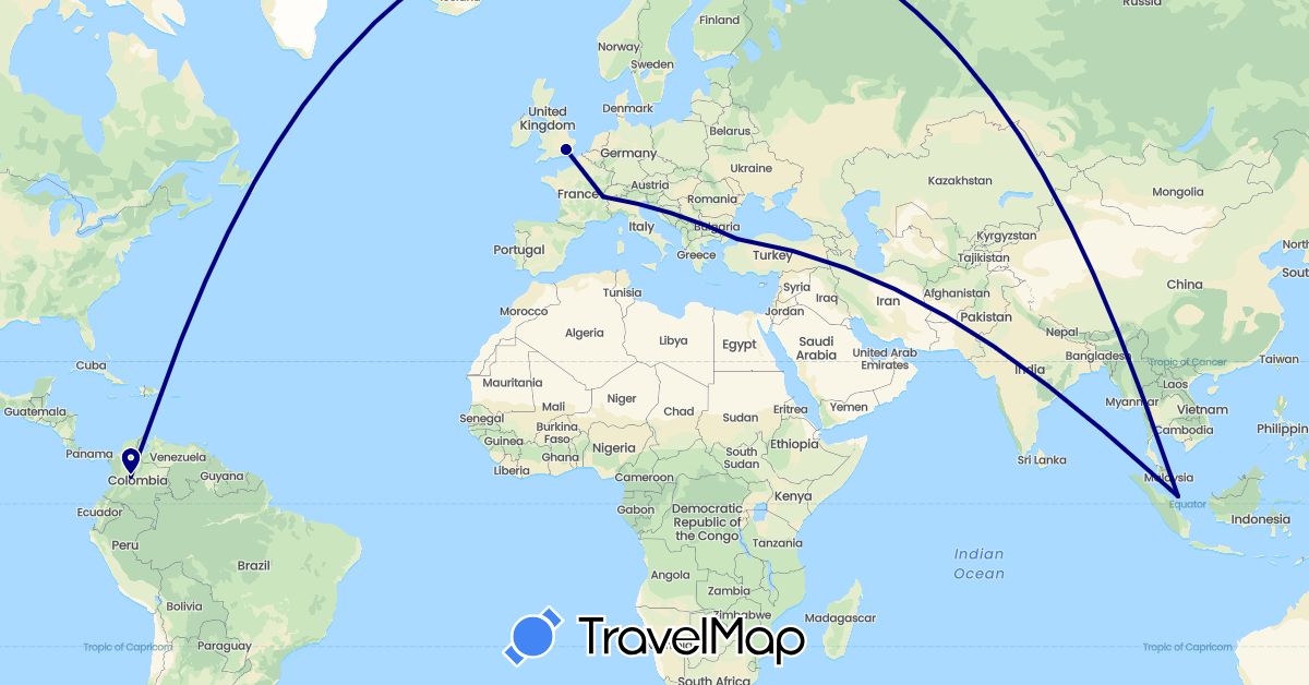 TravelMap itinerary: driving in Switzerland, Colombia, United Kingdom, Singapore, Turkey (Asia, Europe, South America)