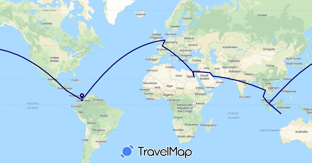 TravelMap itinerary: driving in Bahrain, Colombia, Egypt, France, Indonesia, Kuwait, Malaysia, Netherlands, Singapore, El Salvador, Thailand, United States (Africa, Asia, Europe, North America, South America)